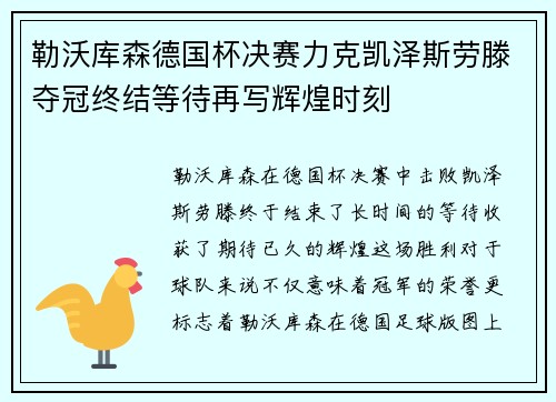 勒沃库森德国杯决赛力克凯泽斯劳滕夺冠终结等待再写辉煌时刻