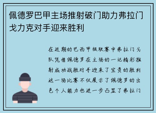 佩德罗巴甲主场推射破门助力弗拉门戈力克对手迎来胜利